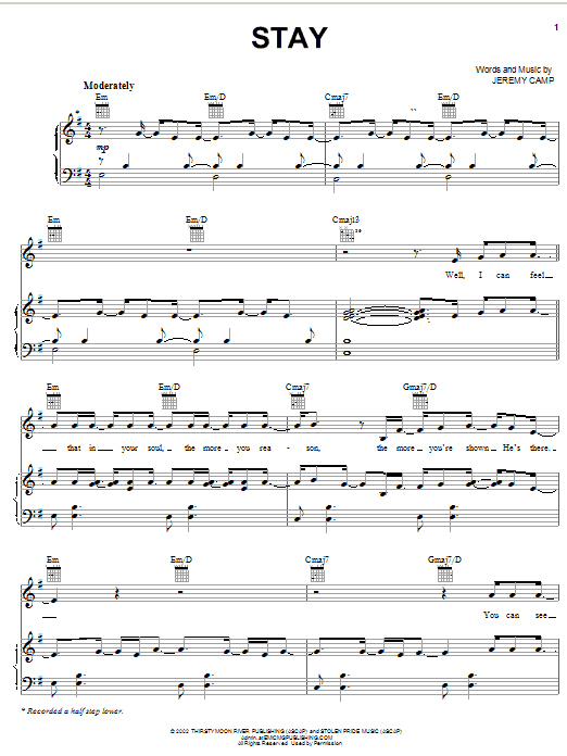 Preview Jeremy Camp Stay Pop sheet music, notes and chords for Piano, Vocal & Guitar (Right-Hand Melody), SKU: 26175 sheet music, piano notes, chords, guitar tabs, score, transpose, transcribe, how to play, guide, download, learn, tutorial, progression, song, artist, awards, billboard, mtv, vh1, tour, single, album, release