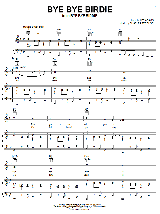 Preview Charles Strouse Bye Bye Birdie Broadway sheet music, notes and chords for Piano, Vocal & Guitar (Right-Hand Melody), SKU: 26188 sheet music, piano notes, chords, guitar tabs, score, transpose, transcribe, how to play, guide, download, learn, tutorial, progression, song, artist, awards, billboard, mtv, vh1, tour, single, album, release