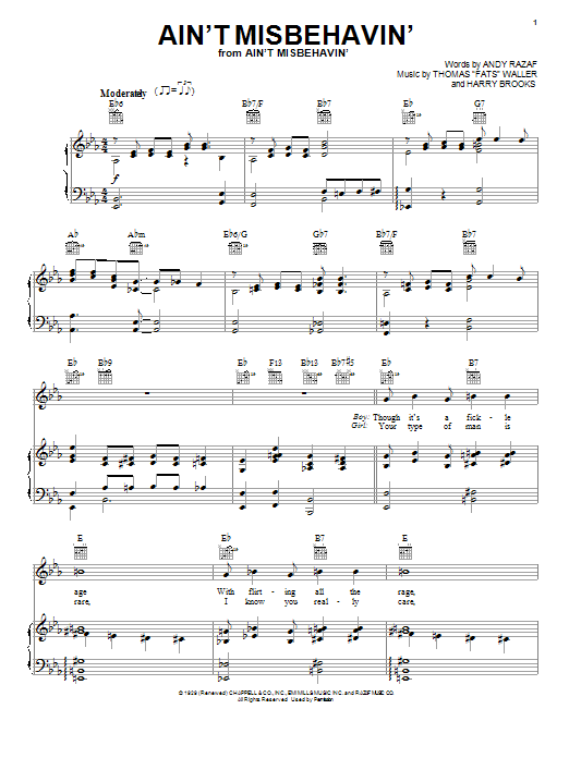 Preview Fats Waller Ain't Misbehavin' Jazz sheet music, notes and chords for Piano, Vocal & Guitar (Right-Hand Melody), SKU: 26189 sheet music, piano notes, chords, guitar tabs, score, transpose, transcribe, how to play, guide, download, learn, tutorial, progression, song, artist, awards, billboard, mtv, vh1, tour, single, album, release