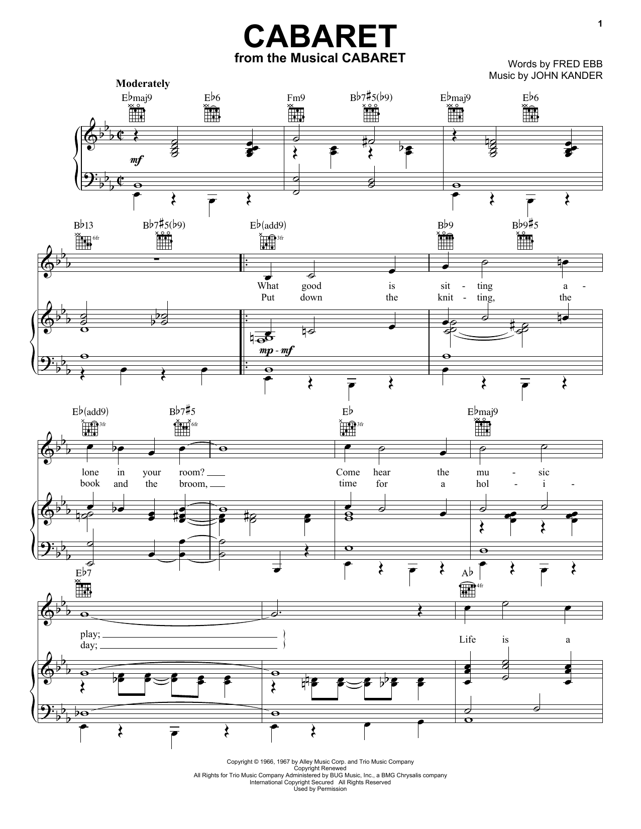 Preview Kander & Ebb Cabaret Jazz sheet music, notes and chords for Piano, Vocal & Guitar (Right-Hand Melody), SKU: 26190 sheet music, piano notes, chords, guitar tabs, score, transpose, transcribe, how to play, guide, download, learn, tutorial, progression, song, artist, awards, billboard, mtv, vh1, tour, single, album, release
