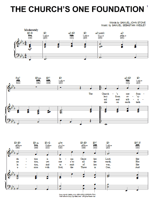 Preview Samuel John Stone The Church's One Foundation Classical sheet music, notes and chords for Piano, Vocal & Guitar (Right-Hand Melody), SKU: 26193 sheet music, piano notes, chords, guitar tabs, score, transpose, transcribe, how to play, guide, download, learn, tutorial, progression, song, artist, awards, billboard, mtv, vh1, tour, single, album, release