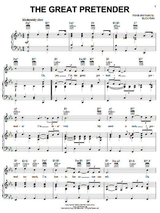Preview The Platters The Great Pretender Pop sheet music, notes and chords for Piano, Vocal & Guitar (Right-Hand Melody), SKU: 26194 sheet music, piano notes, chords, guitar tabs, score, transpose, transcribe, how to play, guide, download, learn, tutorial, progression, song, artist, awards, billboard, mtv, vh1, tour, single, album, release