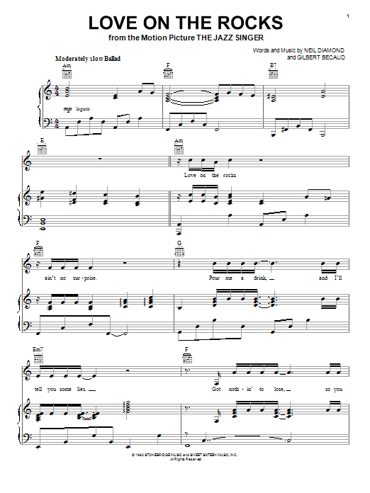 Preview Neil Diamond Love On The Rocks Rock sheet music, notes and chords for Piano, Vocal & Guitar (Right-Hand Melody), SKU: 26195 sheet music, piano notes, chords, guitar tabs, score, transpose, transcribe, how to play, guide, download, learn, tutorial, progression, song, artist, awards, billboard, mtv, vh1, tour, single, album, release