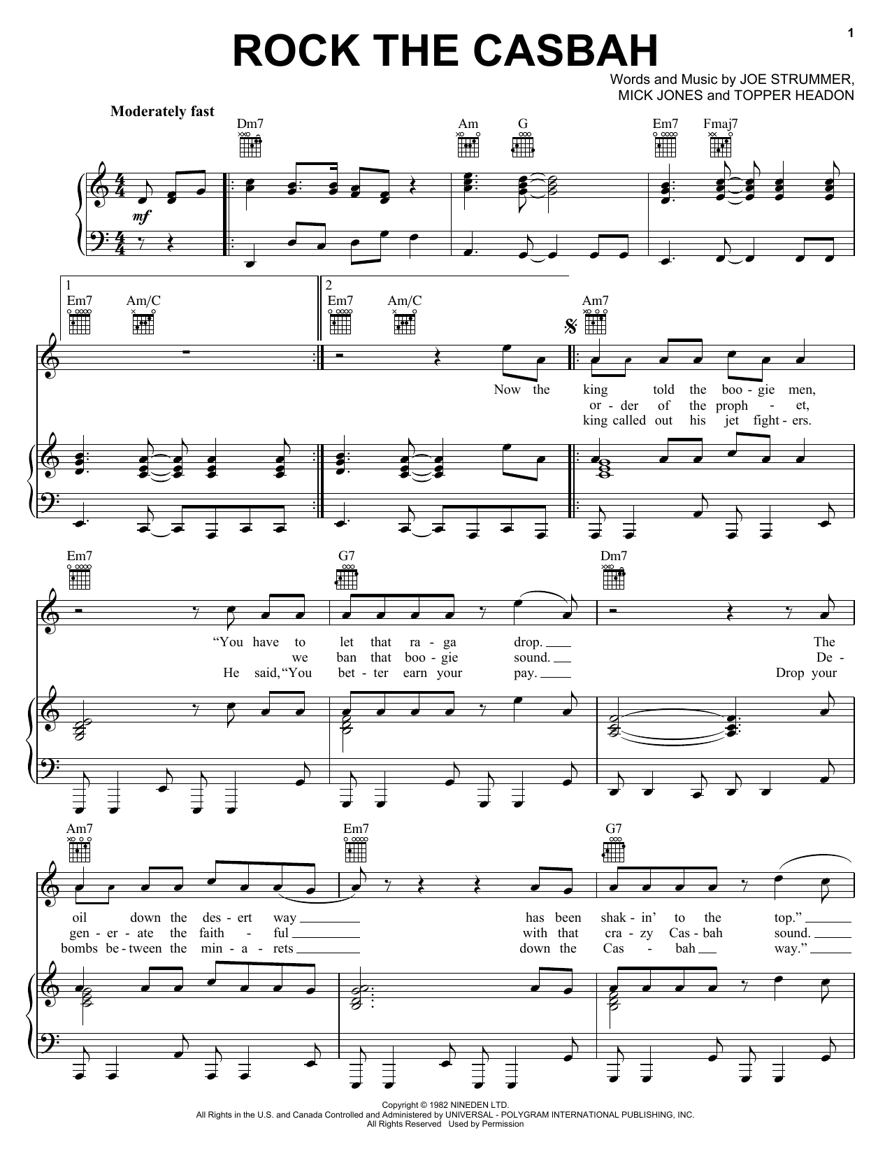 Preview The Clash Rock The Casbah Punk sheet music, notes and chords for Piano, Vocal & Guitar (Right-Hand Melody), SKU: 26196 sheet music, piano notes, chords, guitar tabs, score, transpose, transcribe, how to play, guide, download, learn, tutorial, progression, song, artist, awards, billboard, mtv, vh1, tour, single, album, release