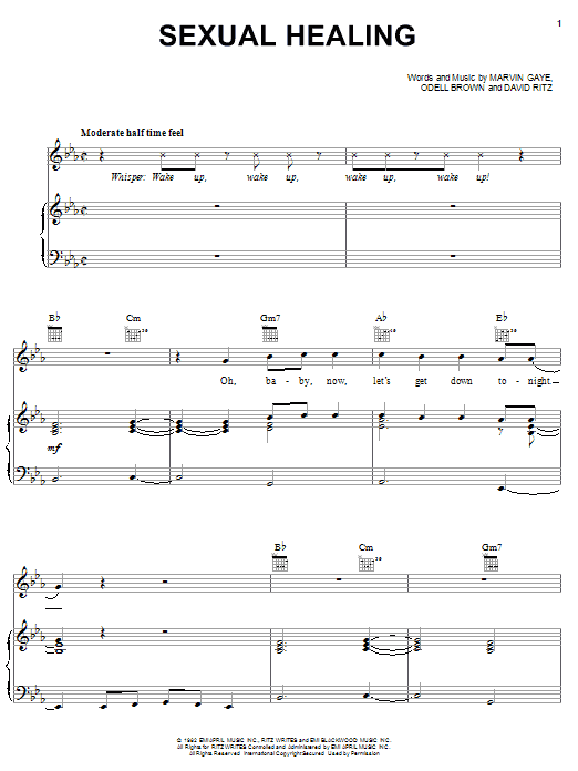 Preview Marvin Gaye Sexual Healing Ballad sheet music, notes and chords for Piano, Vocal & Guitar (Right-Hand Melody), SKU: 26199 sheet music, piano notes, chords, guitar tabs, score, transpose, transcribe, how to play, guide, download, learn, tutorial, progression, song, artist, awards, billboard, mtv, vh1, tour, single, album, release