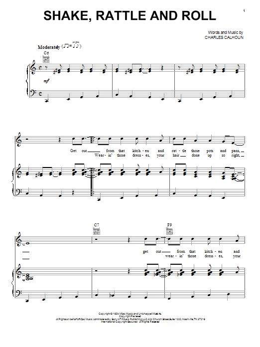 Preview Bill Haley Shake, Rattle And Roll Rock sheet music, notes and chords for Piano, Vocal & Guitar (Right-Hand Melody), SKU: 26200 sheet music, piano notes, chords, guitar tabs, score, transpose, transcribe, how to play, guide, download, learn, tutorial, progression, song, artist, awards, billboard, mtv, vh1, tour, single, album, release