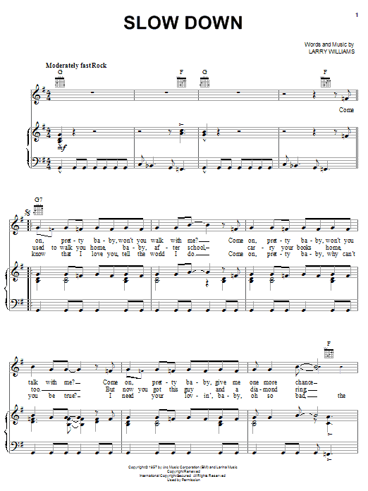 Preview The Beatles Slow Down Rock sheet music, notes and chords for Piano, Vocal & Guitar (Right-Hand Melody), SKU: 26202 sheet music, piano notes, chords, guitar tabs, score, transpose, transcribe, how to play, guide, download, learn, tutorial, progression, song, artist, awards, billboard, mtv, vh1, tour, single, album, release