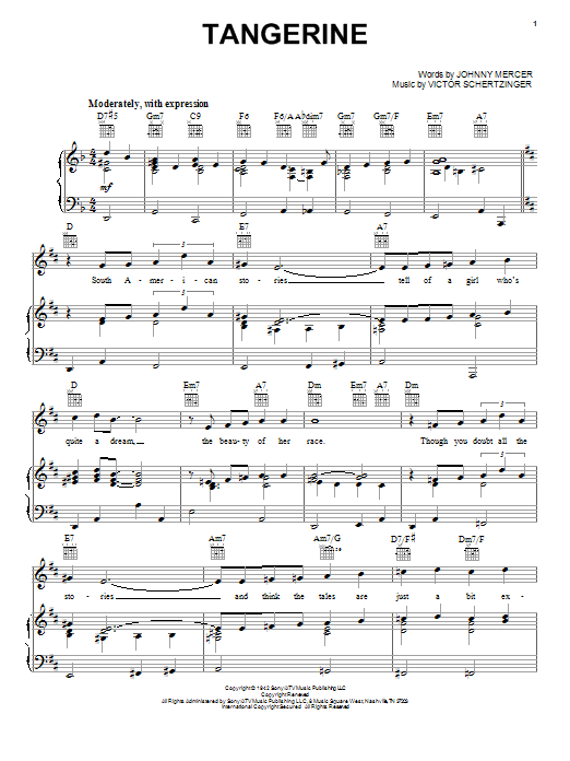 Preview Jimmy Dorsey & His Orchestra Tangerine Jazz sheet music, notes and chords for Piano, Vocal & Guitar (Right-Hand Melody), SKU: 26203 sheet music, piano notes, chords, guitar tabs, score, transpose, transcribe, how to play, guide, download, learn, tutorial, progression, song, artist, awards, billboard, mtv, vh1, tour, single, album, release