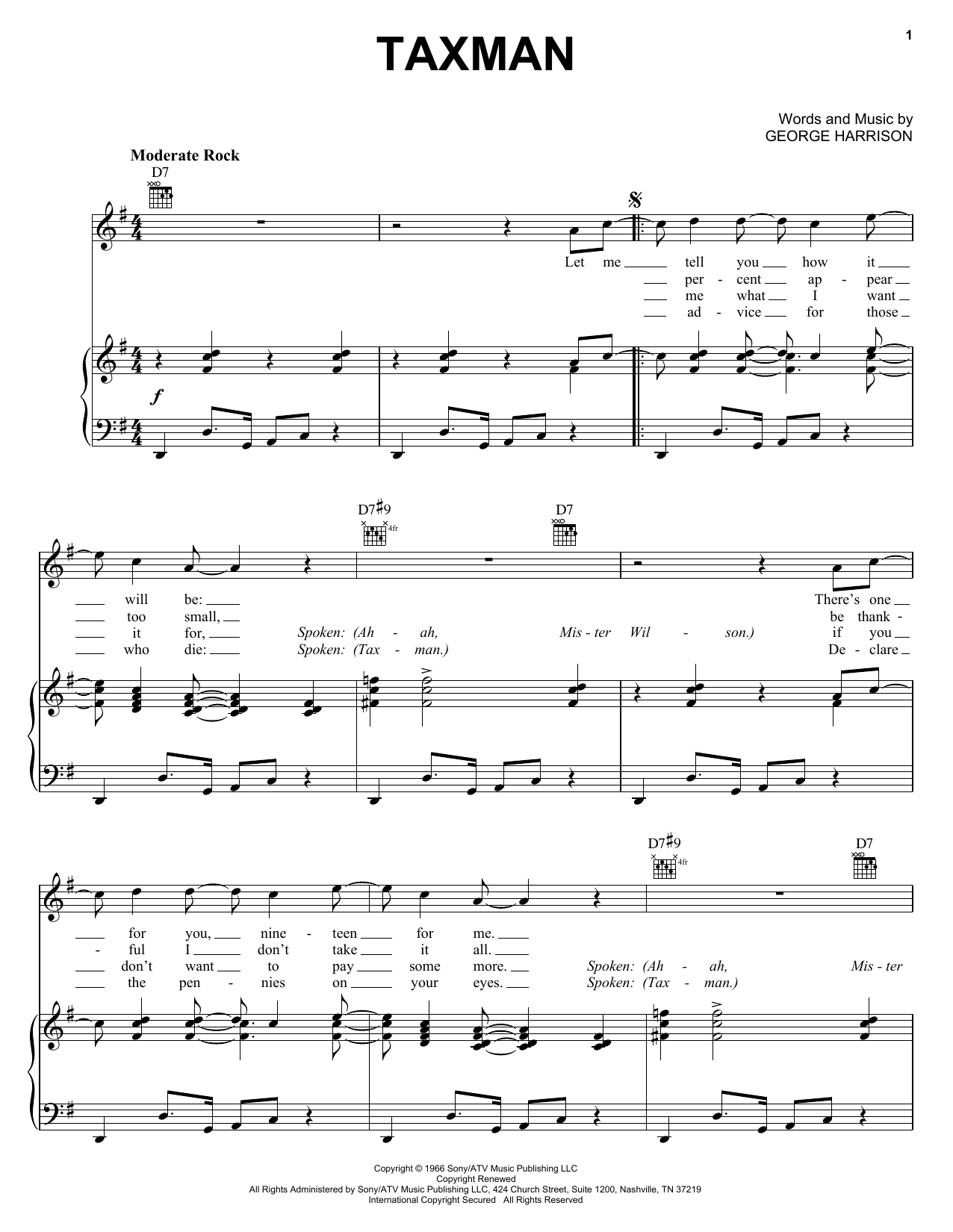 Preview The Beatles Taxman Rock sheet music, notes and chords for Piano, Vocal & Guitar (Right-Hand Melody), SKU: 26204 sheet music, piano notes, chords, guitar tabs, score, transpose, transcribe, how to play, guide, download, learn, tutorial, progression, song, artist, awards, billboard, mtv, vh1, tour, single, album, release