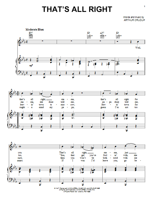 Preview Elvis Presley That's All Right Pop sheet music, notes and chords for Piano, Vocal & Guitar (Right-Hand Melody), SKU: 26205 sheet music, piano notes, chords, guitar tabs, score, transpose, transcribe, how to play, guide, download, learn, tutorial, progression, song, artist, awards, billboard, mtv, vh1, tour, single, album, release
