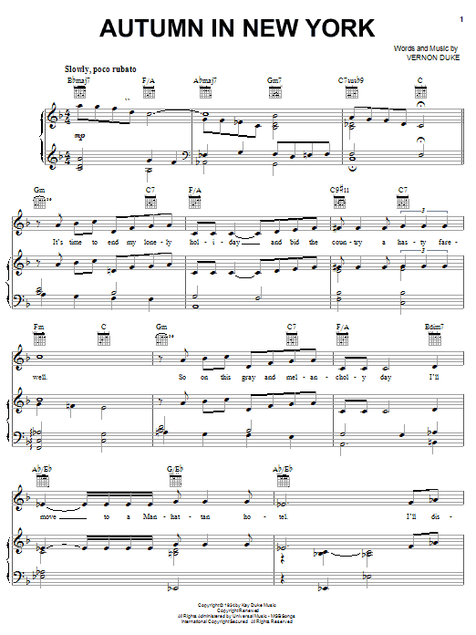 Preview Frank Sinatra Autumn In New York Jazz sheet music, notes and chords for Piano, Vocal & Guitar (Right-Hand Melody), SKU: 26206 sheet music, piano notes, chords, guitar tabs, score, transpose, transcribe, how to play, guide, download, learn, tutorial, progression, song, artist, awards, billboard, mtv, vh1, tour, single, album, release