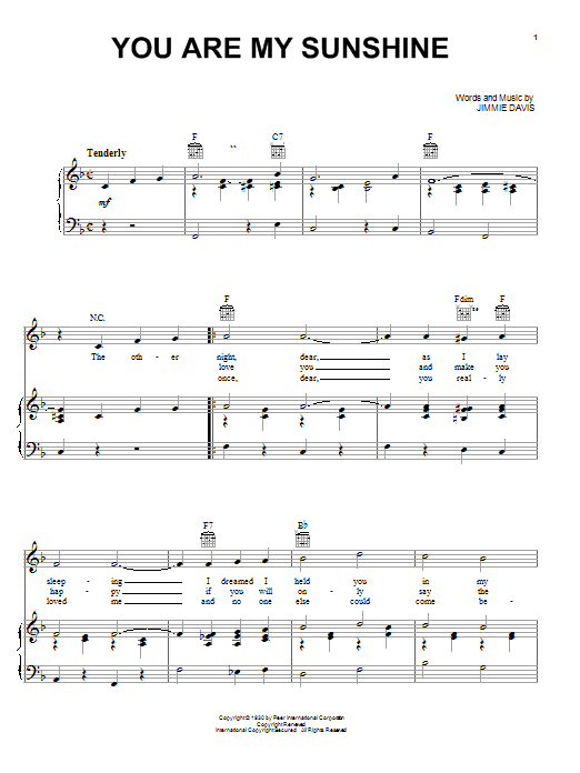 Preview Jimmie Davis You Are My Sunshine Country sheet music, notes and chords for Piano, Vocal & Guitar (Right-Hand Melody), SKU: 26209 sheet music, piano notes, chords, guitar tabs, score, transpose, transcribe, how to play, guide, download, learn, tutorial, progression, song, artist, awards, billboard, mtv, vh1, tour, single, album, release