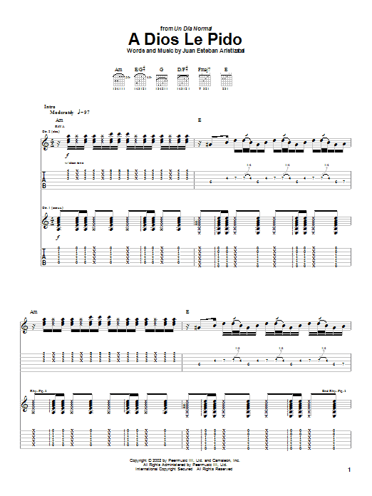 Preview Juanes A Dios Le Pido Pop sheet music, notes and chords for Guitar Tab, SKU: 26217 sheet music, piano notes, chords, guitar tabs, score, transpose, transcribe, how to play, guide, download, learn, tutorial, progression, song, artist, awards, billboard, mtv, vh1, tour, single, album, release