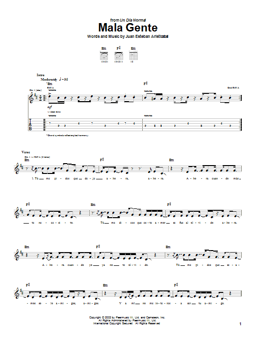 Preview Juanes Mala Gente Pop sheet music, notes and chords for Guitar Tab, SKU: 26221 sheet music, piano notes, chords, guitar tabs, score, transpose, transcribe, how to play, guide, download, learn, tutorial, progression, song, artist, awards, billboard, mtv, vh1, tour, single, album, release