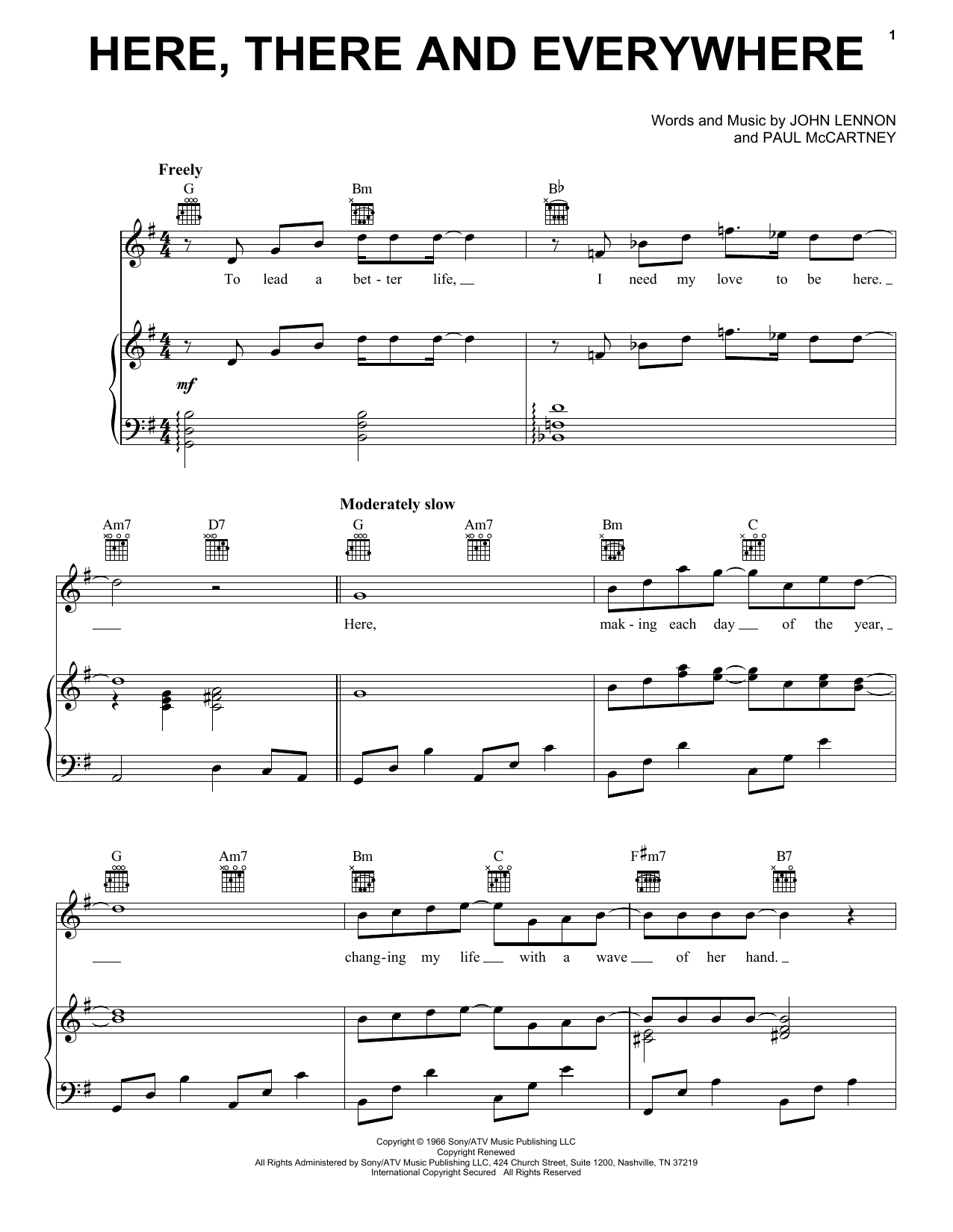 Preview The Beatles Here, There And Everywhere Pop sheet music, notes and chords for Piano, Vocal & Guitar (Right-Hand Melody), SKU: 26231 sheet music, piano notes, chords, guitar tabs, score, transpose, transcribe, how to play, guide, download, learn, tutorial, progression, song, artist, awards, billboard, mtv, vh1, tour, single, album, release