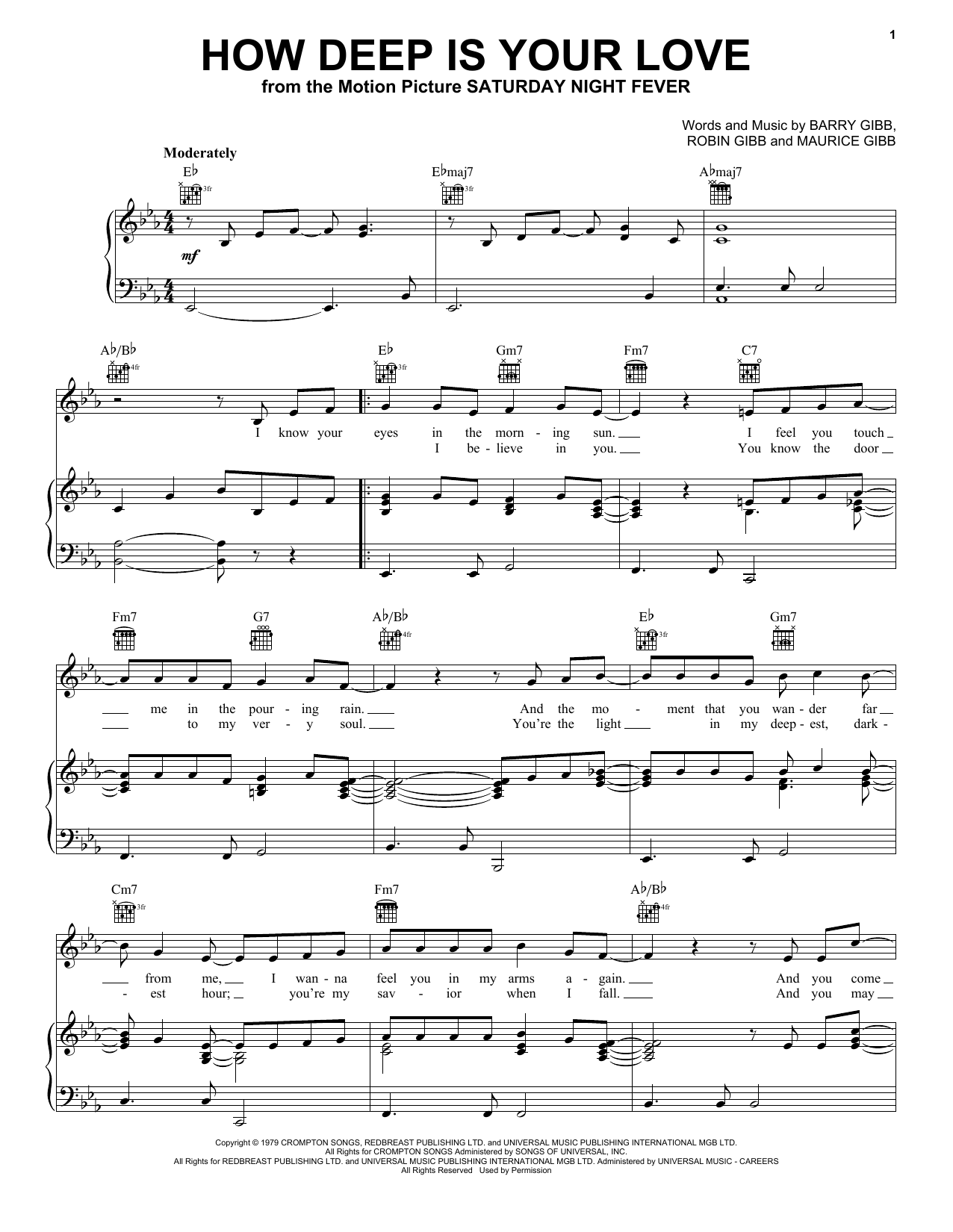 Preview Bee Gees How Deep Is Your Love Film and TV sheet music, notes and chords for Piano, Vocal & Guitar (Right-Hand Melody), SKU: 26232 sheet music, piano notes, chords, guitar tabs, score, transpose, transcribe, how to play, guide, download, learn, tutorial, progression, song, artist, awards, billboard, mtv, vh1, tour, single, album, release