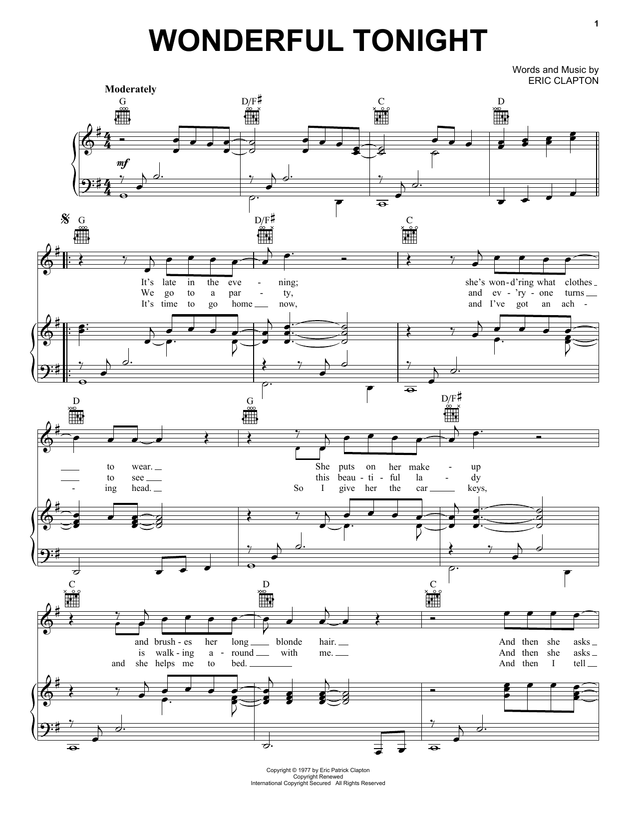 Preview Eric Clapton Wonderful Tonight Pop sheet music, notes and chords for Piano, Vocal & Guitar (Right-Hand Melody), SKU: 26233 sheet music, piano notes, chords, guitar tabs, score, transpose, transcribe, how to play, guide, download, learn, tutorial, progression, song, artist, awards, billboard, mtv, vh1, tour, single, album, release