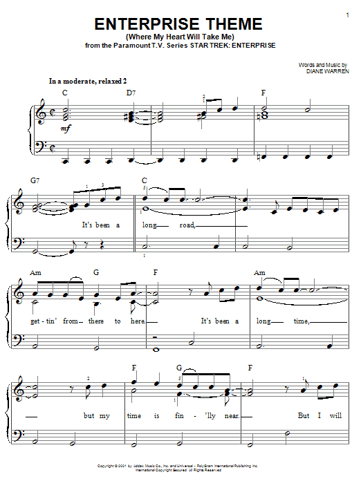 Preview Diane Warren Enterprise Theme (Where My Heart Will Take Me) Film and TV sheet music, notes and chords for Easy Piano, SKU: 26236 sheet music, piano notes, chords, guitar tabs, score, transpose, transcribe, how to play, guide, download, learn, tutorial, progression, song, artist, awards, billboard, mtv, vh1, tour, single, album, release