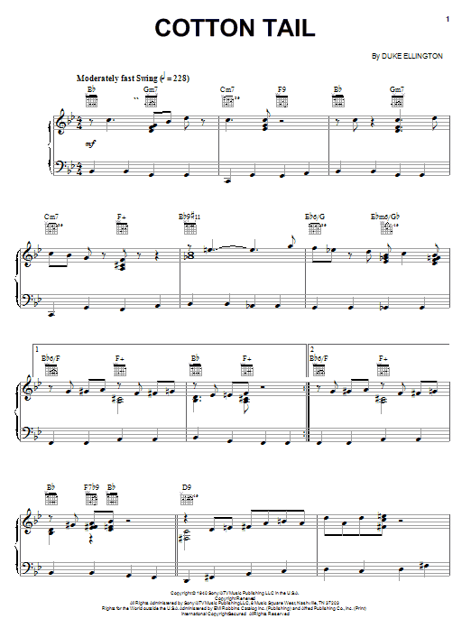 Preview Duke Ellington Cotton Tail Jazz sheet music, notes and chords for Piano, Vocal & Guitar (Right-Hand Melody), SKU: 26240 sheet music, piano notes, chords, guitar tabs, score, transpose, transcribe, how to play, guide, download, learn, tutorial, progression, song, artist, awards, billboard, mtv, vh1, tour, single, album, release