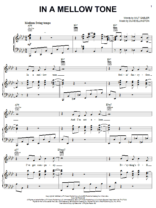 Preview Duke Ellington In A Mellow Tone Jazz sheet music, notes and chords for Piano, Vocal & Guitar (Right-Hand Melody), SKU: 26241 sheet music, piano notes, chords, guitar tabs, score, transpose, transcribe, how to play, guide, download, learn, tutorial, progression, song, artist, awards, billboard, mtv, vh1, tour, single, album, release