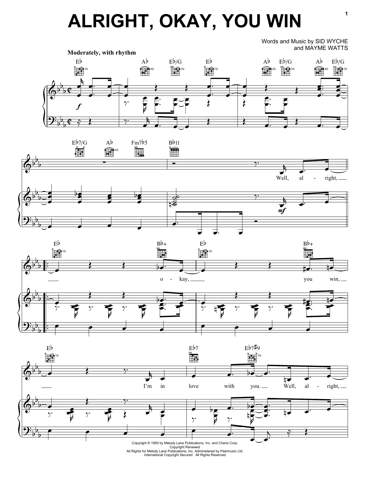 Preview Peggy Lee Alright, Okay, You Win Jazz sheet music, notes and chords for Piano, Vocal & Guitar (Right-Hand Melody), SKU: 26242 sheet music, piano notes, chords, guitar tabs, score, transpose, transcribe, how to play, guide, download, learn, tutorial, progression, song, artist, awards, billboard, mtv, vh1, tour, single, album, release