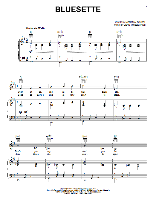 Preview Toots Thielemans Bluesette Jazz sheet music, notes and chords for Piano, Vocal & Guitar (Right-Hand Melody), SKU: 26246 sheet music, piano notes, chords, guitar tabs, score, transpose, transcribe, how to play, guide, download, learn, tutorial, progression, song, artist, awards, billboard, mtv, vh1, tour, single, album, release