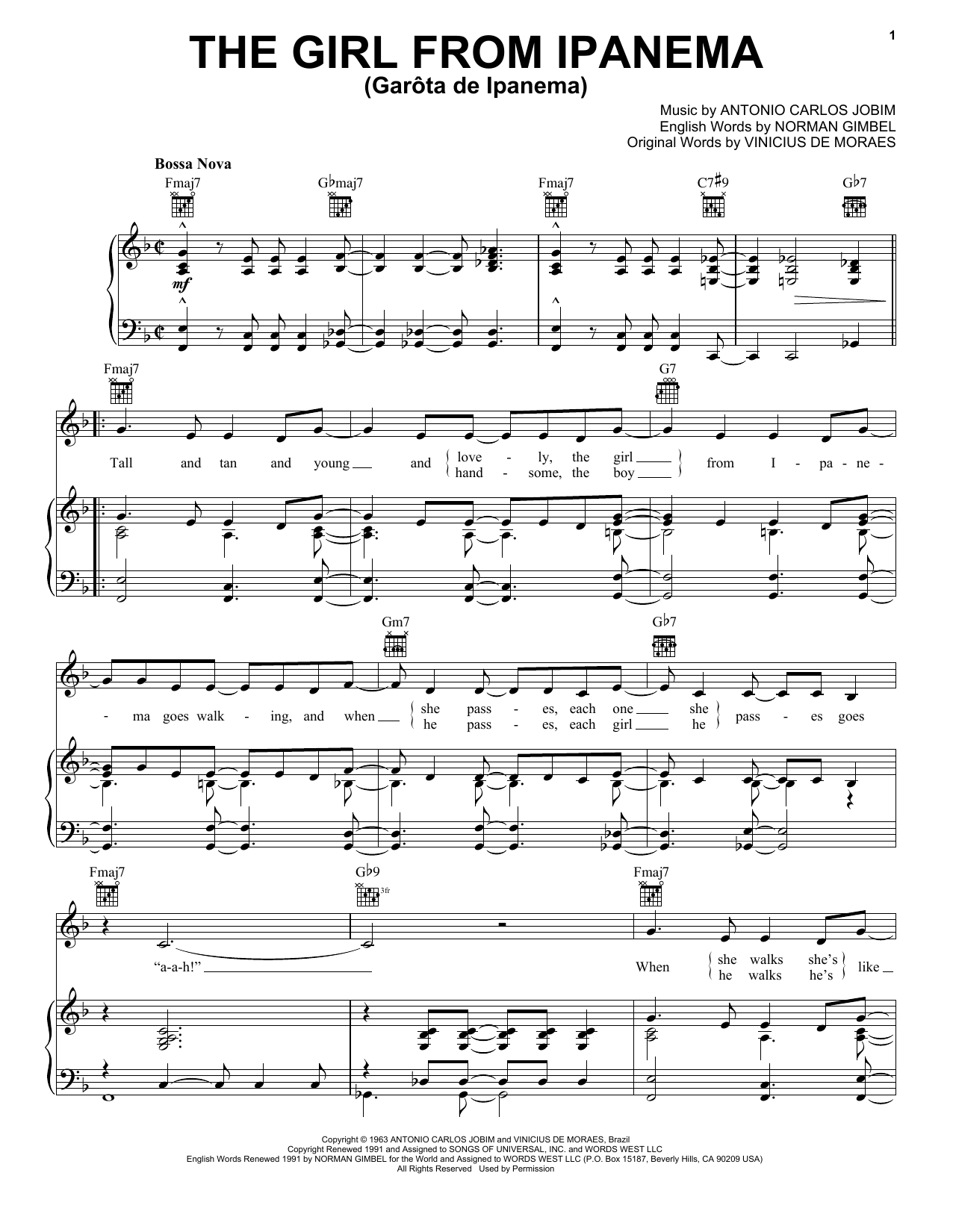 Preview Frank Sinatra The Girl From Ipanema (Garota De Ipanema) World sheet music, notes and chords for Piano, Vocal & Guitar (Right-Hand Melody), SKU: 26252 sheet music, piano notes, chords, guitar tabs, score, transpose, transcribe, how to play, guide, download, learn, tutorial, progression, song, artist, awards, billboard, mtv, vh1, tour, single, album, release