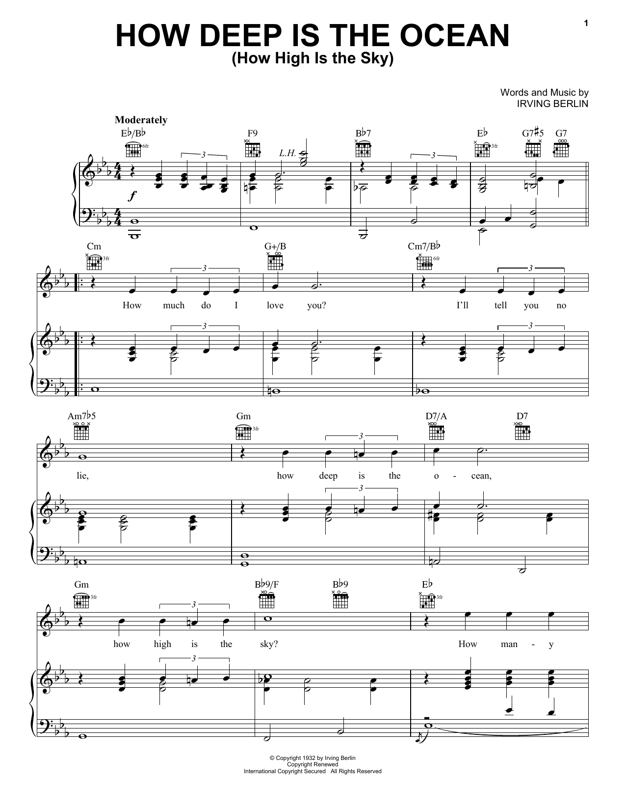 Preview Irving Berlin How Deep Is The Ocean (How High Is The Sky) Folk sheet music, notes and chords for Piano, Vocal & Guitar (Right-Hand Melody), SKU: 26253 sheet music, piano notes, chords, guitar tabs, score, transpose, transcribe, how to play, guide, download, learn, tutorial, progression, song, artist, awards, billboard, mtv, vh1, tour, single, album, release