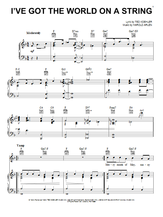 Preview Frank Sinatra I've Got The World On A String Pop sheet music, notes and chords for Piano, Vocal & Guitar (Right-Hand Melody), SKU: 26254 sheet music, piano notes, chords, guitar tabs, score, transpose, transcribe, how to play, guide, download, learn, tutorial, progression, song, artist, awards, billboard, mtv, vh1, tour, single, album, release