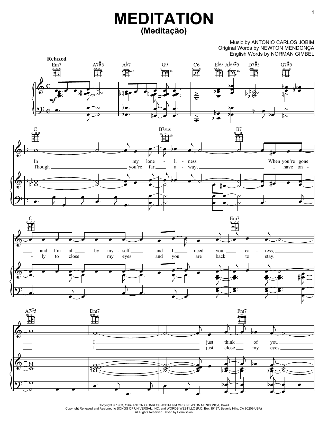 Preview Antonio Carlos Jobim Meditation (Meditacao) World sheet music, notes and chords for Piano, Vocal & Guitar (Right-Hand Melody), SKU: 26255 sheet music, piano notes, chords, guitar tabs, score, transpose, transcribe, how to play, guide, download, learn, tutorial, progression, song, artist, awards, billboard, mtv, vh1, tour, single, album, release