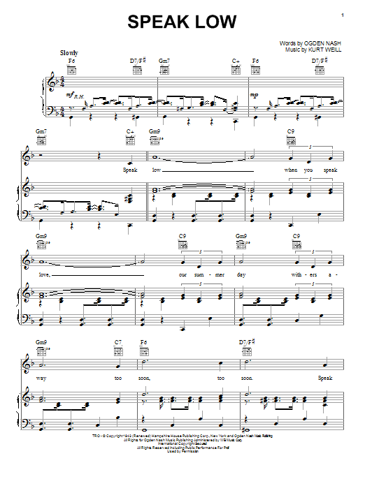 Preview Kurt Weill Speak Low Broadway sheet music, notes and chords for Piano, Vocal & Guitar (Right-Hand Melody), SKU: 26259 sheet music, piano notes, chords, guitar tabs, score, transpose, transcribe, how to play, guide, download, learn, tutorial, progression, song, artist, awards, billboard, mtv, vh1, tour, single, album, release