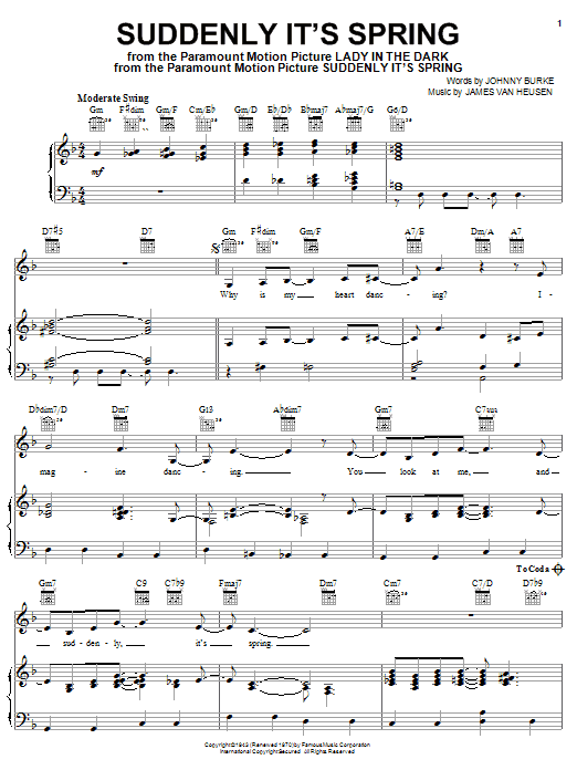 Preview Frank Sinatra Suddenly It's Spring Jazz sheet music, notes and chords for Piano, Vocal & Guitar (Right-Hand Melody), SKU: 26260 sheet music, piano notes, chords, guitar tabs, score, transpose, transcribe, how to play, guide, download, learn, tutorial, progression, song, artist, awards, billboard, mtv, vh1, tour, single, album, release
