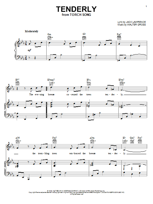 Preview Rosemary Clooney Tenderly Pop sheet music, notes and chords for Piano, Vocal & Guitar (Right-Hand Melody), SKU: 26261 sheet music, piano notes, chords, guitar tabs, score, transpose, transcribe, how to play, guide, download, learn, tutorial, progression, song, artist, awards, billboard, mtv, vh1, tour, single, album, release