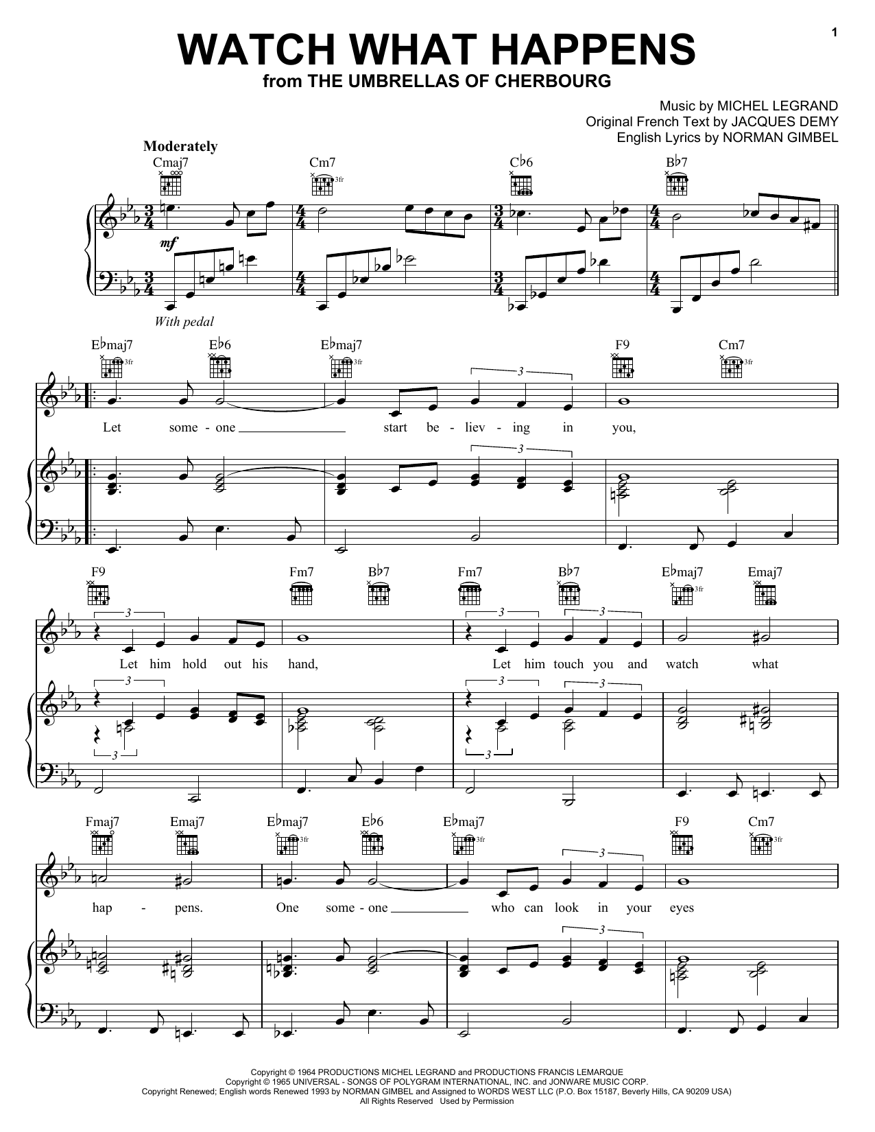 Preview Norman Gimbel Watch What Happens World sheet music, notes and chords for Piano, Vocal & Guitar (Right-Hand Melody), SKU: 26262 sheet music, piano notes, chords, guitar tabs, score, transpose, transcribe, how to play, guide, download, learn, tutorial, progression, song, artist, awards, billboard, mtv, vh1, tour, single, album, release