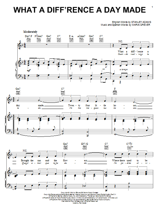 Preview Dinah Washington What A Diff'rence A Day Made Jazz sheet music, notes and chords for Piano, Vocal & Guitar (Right-Hand Melody), SKU: 26263 sheet music, piano notes, chords, guitar tabs, score, transpose, transcribe, how to play, guide, download, learn, tutorial, progression, song, artist, awards, billboard, mtv, vh1, tour, single, album, release