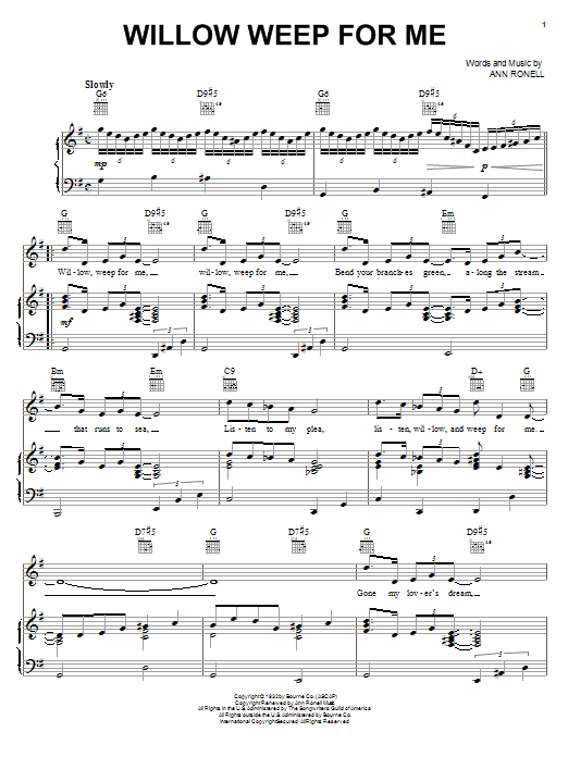 Preview Billie Holiday Willow Weep For Me Musicals sheet music, notes and chords for Piano, Vocal & Guitar (Right-Hand Melody), SKU: 26264 sheet music, piano notes, chords, guitar tabs, score, transpose, transcribe, how to play, guide, download, learn, tutorial, progression, song, artist, awards, billboard, mtv, vh1, tour, single, album, release