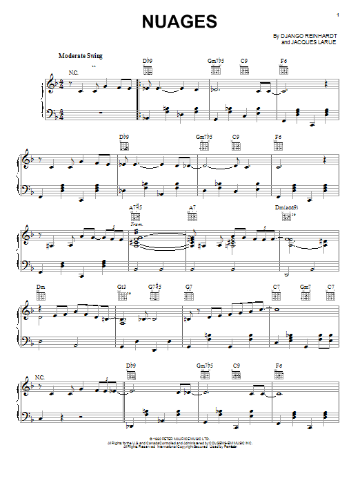 Preview Django Reinhardt Nuages Jazz sheet music, notes and chords for Piano, Vocal & Guitar (Right-Hand Melody), SKU: 26265 sheet music, piano notes, chords, guitar tabs, score, transpose, transcribe, how to play, guide, download, learn, tutorial, progression, song, artist, awards, billboard, mtv, vh1, tour, single, album, release