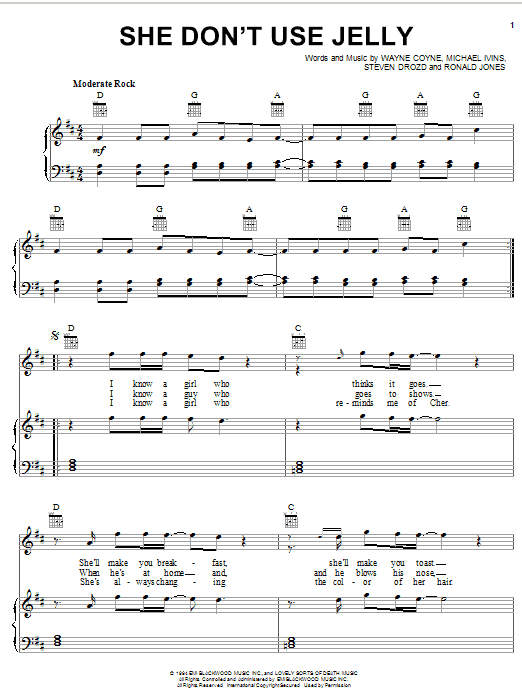 Preview The Flaming Lips She Don't Use Jelly Pop sheet music, notes and chords for Piano, Vocal & Guitar (Right-Hand Melody), SKU: 26266 sheet music, piano notes, chords, guitar tabs, score, transpose, transcribe, how to play, guide, download, learn, tutorial, progression, song, artist, awards, billboard, mtv, vh1, tour, single, album, release