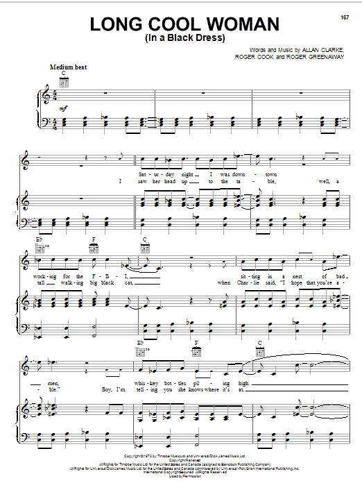 Preview The Hollies Long Cool Woman (In A Black Dress) Rock sheet music, notes and chords for Piano, Vocal & Guitar (Right-Hand Melody), SKU: 26268 sheet music, piano notes, chords, guitar tabs, score, transpose, transcribe, how to play, guide, download, learn, tutorial, progression, song, artist, awards, billboard, mtv, vh1, tour, single, album, release