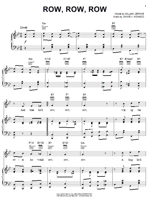 Preview Pearl Bailey Row, Row, Row Jazz sheet music, notes and chords for Piano, Vocal & Guitar (Right-Hand Melody), SKU: 26272 sheet music, piano notes, chords, guitar tabs, score, transpose, transcribe, how to play, guide, download, learn, tutorial, progression, song, artist, awards, billboard, mtv, vh1, tour, single, album, release