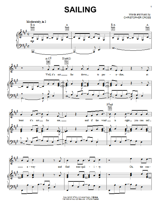 Preview Christopher Cross Sailing Pop sheet music, notes and chords for Piano, Vocal & Guitar (Right-Hand Melody), SKU: 26274 sheet music, piano notes, chords, guitar tabs, score, transpose, transcribe, how to play, guide, download, learn, tutorial, progression, song, artist, awards, billboard, mtv, vh1, tour, single, album, release