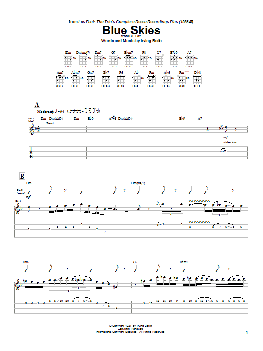 Preview Les Paul Blue Skies Jazz sheet music, notes and chords for Guitar Tab, SKU: 26275 sheet music, piano notes, chords, guitar tabs, score, transpose, transcribe, how to play, guide, download, learn, tutorial, progression, song, artist, awards, billboard, mtv, vh1, tour, single, album, release