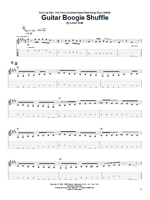 Preview Les Paul Guitar Boogie Shuffle Jazz sheet music, notes and chords for Guitar Tab, SKU: 26278 sheet music, piano notes, chords, guitar tabs, score, transpose, transcribe, how to play, guide, download, learn, tutorial, progression, song, artist, awards, billboard, mtv, vh1, tour, single, album, release