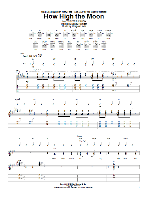 Preview Les Paul How High The Moon Jazz sheet music, notes and chords for Guitar Tab, SKU: 26280 sheet music, piano notes, chords, guitar tabs, score, transpose, transcribe, how to play, guide, download, learn, tutorial, progression, song, artist, awards, billboard, mtv, vh1, tour, single, album, release