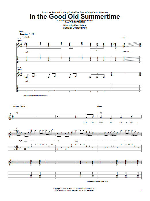 Preview Les Paul In The Good Old Summertime Jazz sheet music, notes and chords for Guitar Tab, SKU: 26281 sheet music, piano notes, chords, guitar tabs, score, transpose, transcribe, how to play, guide, download, learn, tutorial, progression, song, artist, awards, billboard, mtv, vh1, tour, single, album, release