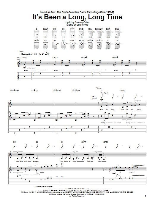 Preview Les Paul It's Been A Long, Long Time Jazz sheet music, notes and chords for Guitar Tab, SKU: 26283 sheet music, piano notes, chords, guitar tabs, score, transpose, transcribe, how to play, guide, download, learn, tutorial, progression, song, artist, awards, billboard, mtv, vh1, tour, single, album, release