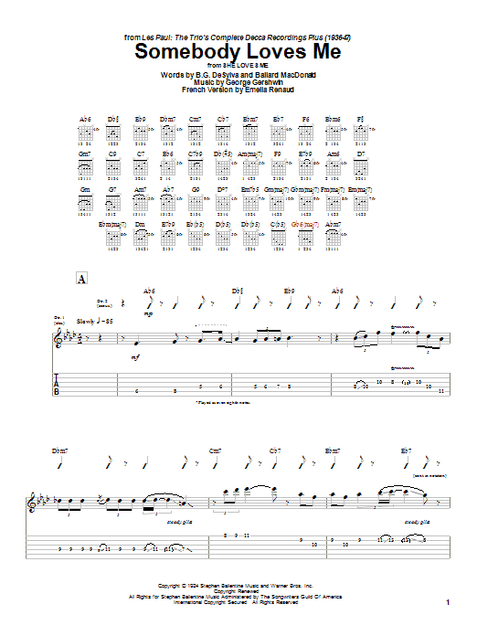 Preview Les Paul Somebody Loves Me Jazz sheet music, notes and chords for Guitar Tab, SKU: 26287 sheet music, piano notes, chords, guitar tabs, score, transpose, transcribe, how to play, guide, download, learn, tutorial, progression, song, artist, awards, billboard, mtv, vh1, tour, single, album, release