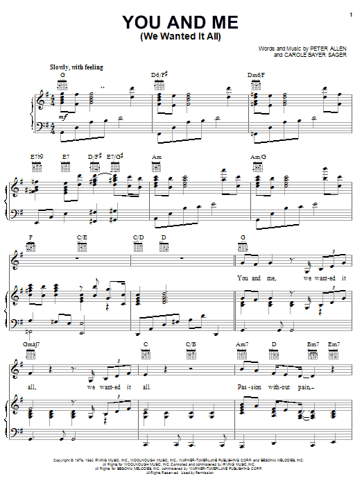 Preview Peter Allen You And Me (We Wanted It All) Broadway sheet music, notes and chords for Piano, Vocal & Guitar (Right-Hand Melody), SKU: 26293 sheet music, piano notes, chords, guitar tabs, score, transpose, transcribe, how to play, guide, download, learn, tutorial, progression, song, artist, awards, billboard, mtv, vh1, tour, single, album, release