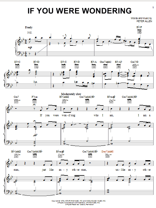 Preview Peter Allen If You Were Wondering Broadway sheet music, notes and chords for Piano, Vocal & Guitar (Right-Hand Melody), SKU: 26296 sheet music, piano notes, chords, guitar tabs, score, transpose, transcribe, how to play, guide, download, learn, tutorial, progression, song, artist, awards, billboard, mtv, vh1, tour, single, album, release