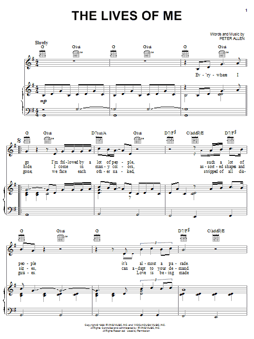 Preview Peter Allen The Lives Of Me Broadway sheet music, notes and chords for Piano, Vocal & Guitar (Right-Hand Melody), SKU: 26297 sheet music, piano notes, chords, guitar tabs, score, transpose, transcribe, how to play, guide, download, learn, tutorial, progression, song, artist, awards, billboard, mtv, vh1, tour, single, album, release